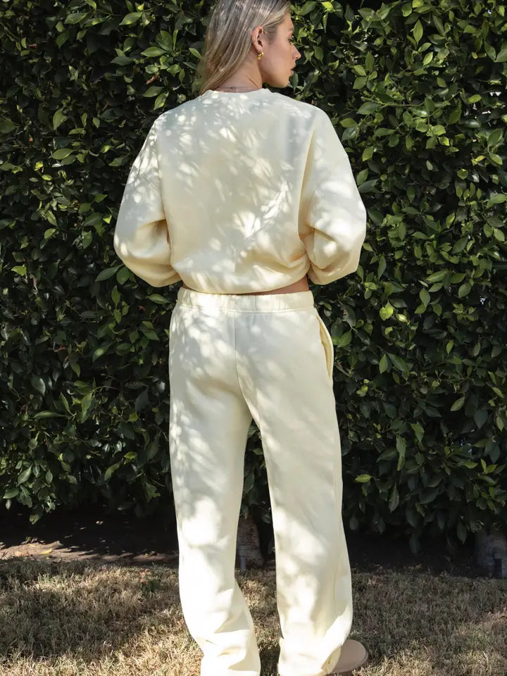 Lani Cloud Fleece Wide Leg Sweatpants Stretch Waist & Pocket | Pale Yellow
