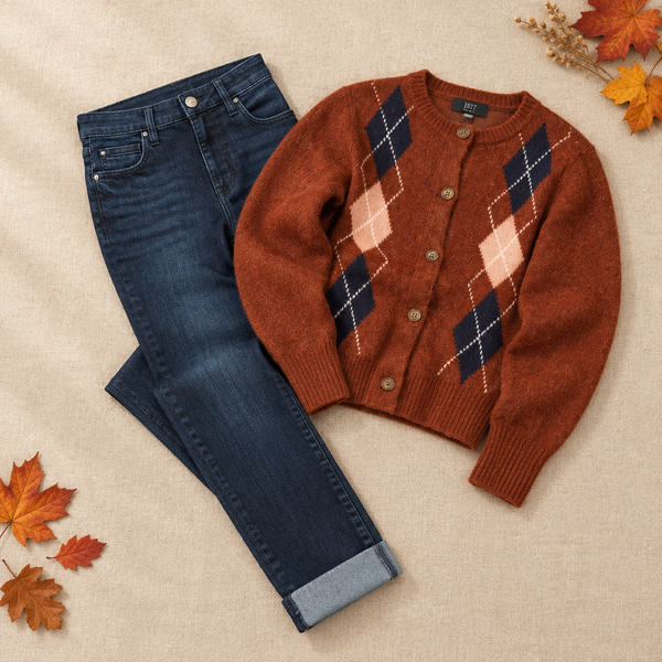 Women's Alexa Button Front Argyle Card Sweater