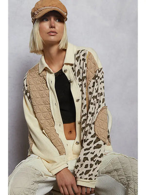 Floral Animal Print Contrast Color Block Quilted Jacket | Cream Multi