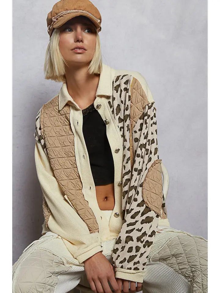 Floral Animal Print Contrast Color Block Quilted Jacket | Cream Multi