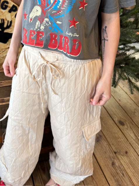 Vintage Washing Solid Lace Patch Quilting Jogger Pants | Cream