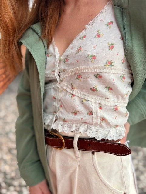 V-Neck Sleeveless Lace Ribbed Knit Top | Ivory Floral