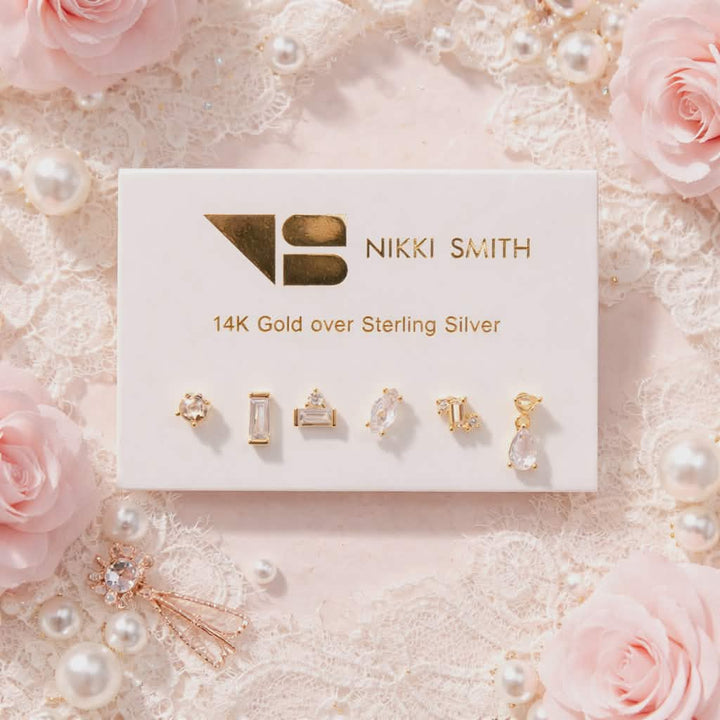 Crystal Stud Earrings Pack | Gold