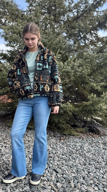 Zip-Up Polar Fleece Mock Neck Long Sleeve Jacket | Black Multi