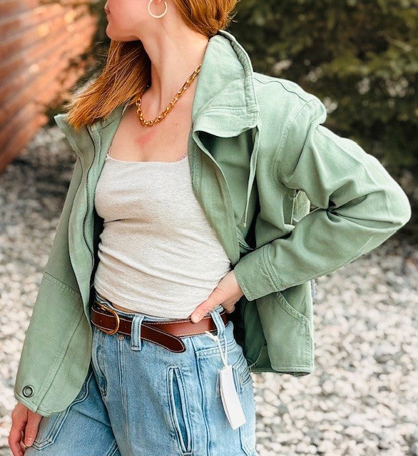 Slub Twill Front Button Jacket with Drawcord Collar