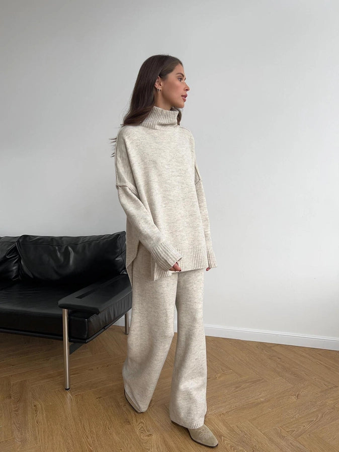 Turtleneck Side Slit Knit Sweater and Wide Leg Pants Set | Light Khaki