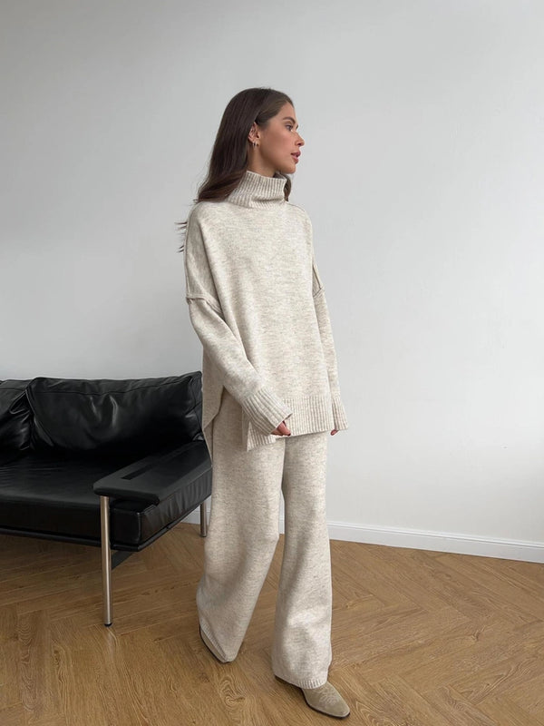 Turtleneck Side Slit Knit Sweater and Wide Leg Pants Set | Light Khaki
