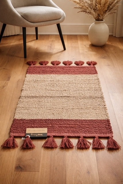 Lalla Jute Border Stripe Rug | Burgundy n Tan | 24X36