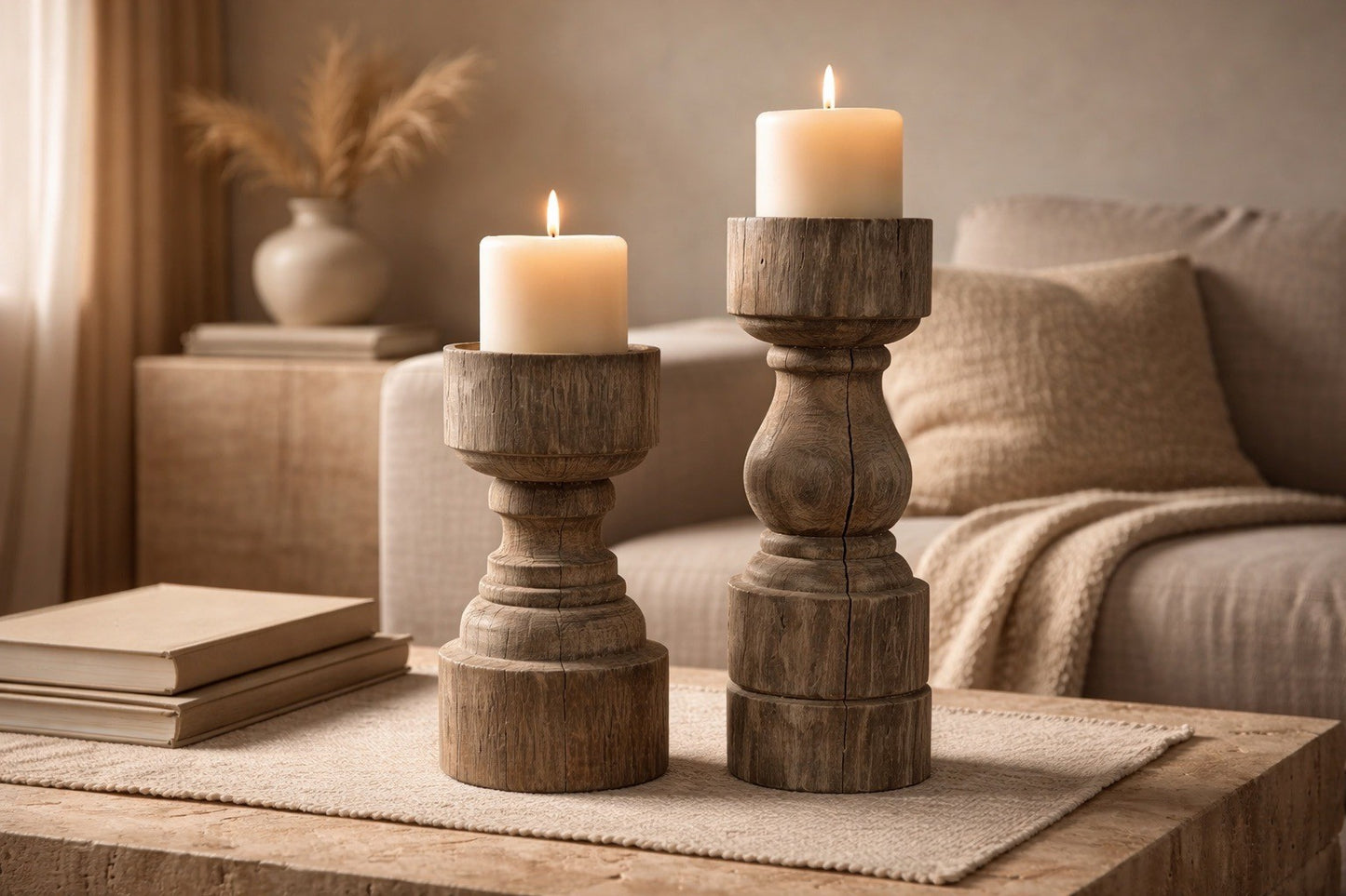Rustic Pillar Holder Short | Natural Wood