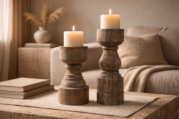 Rustic Pillar Holder Short | Natural Wood