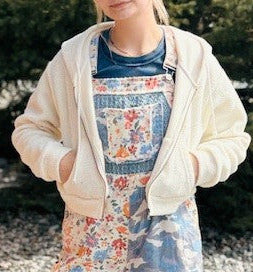 Sherpa Cropped Zip Up Hoodie - Cream - Medium