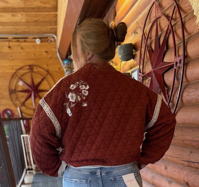 Embroidery Quilted Knit Jacket | Brick