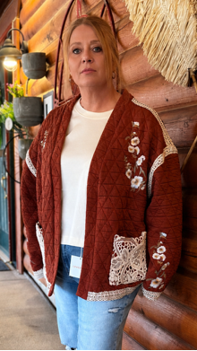 Embroidery Quilted Knit Jacket | Brick