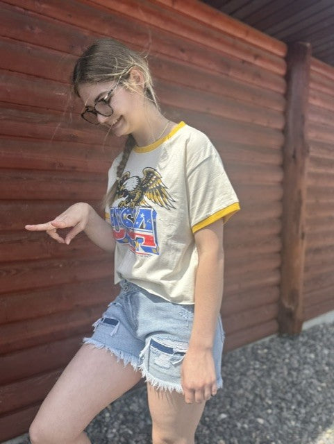 USA 250 yr. Anniversary Ringer Relaxed Crop Tee