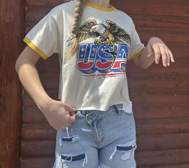 USA 250 yr. Anniversary Ringer Relaxed Crop Tee