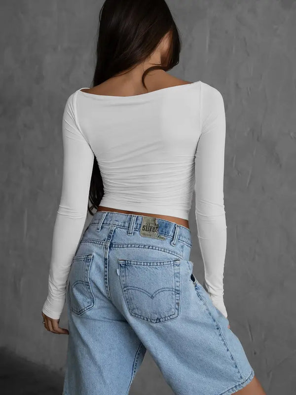 Jolina Lightweight Boat Neck Ruched Bodice Long-sleeve Top | White