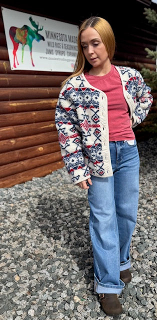Buttoned Graphic Fleece Long Sleeve Jacket