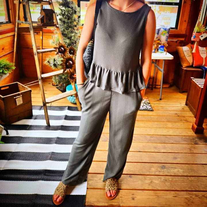 Ribbed Ruffle Tank Top and Pants Set