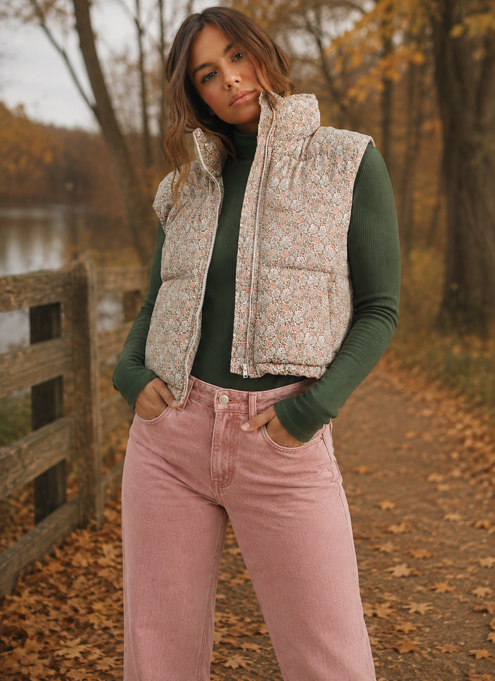 High Neck Floral Puffer Vest | Blush
