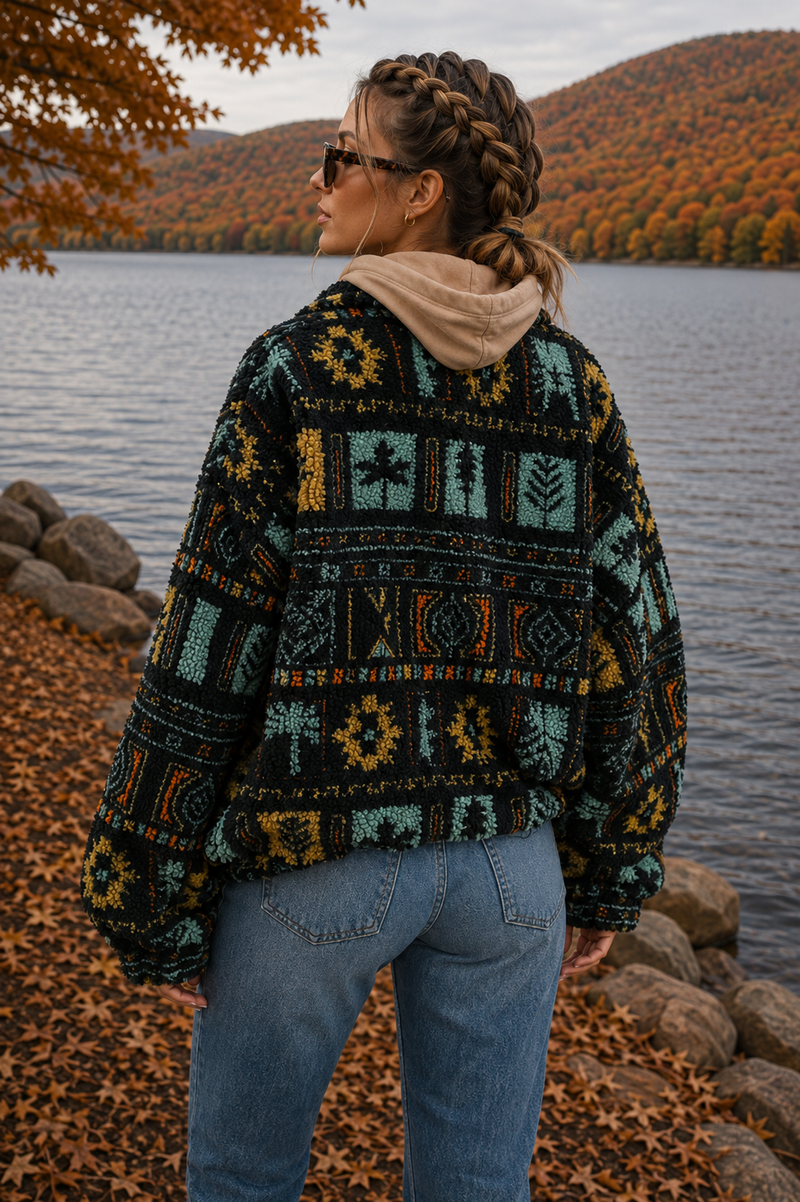 Zip-Up Polar Fleece Mock Neck Long Sleeve Jacket | Black Multi