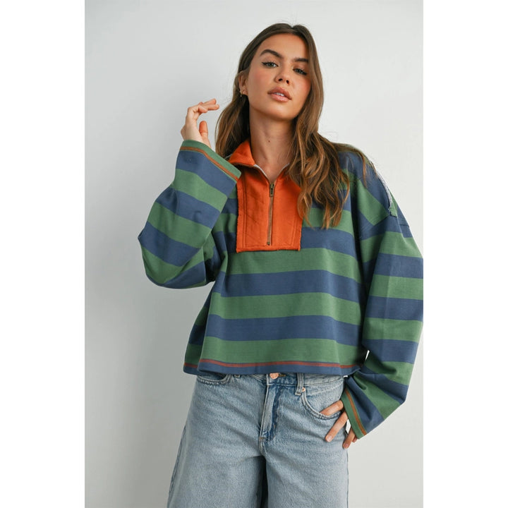 Striped Quarter-Zip Contrast Collar Sweatshirt | Green/Blue