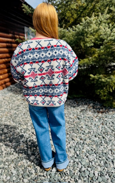 Buttoned Graphic Fleece Long Sleeve Jacket