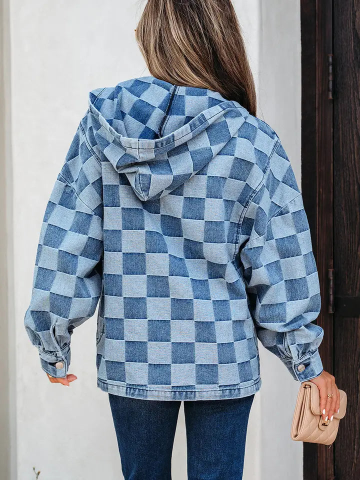 Checkerboard Quarter Zip Denim Hoodie with Pocket | Sky Blue