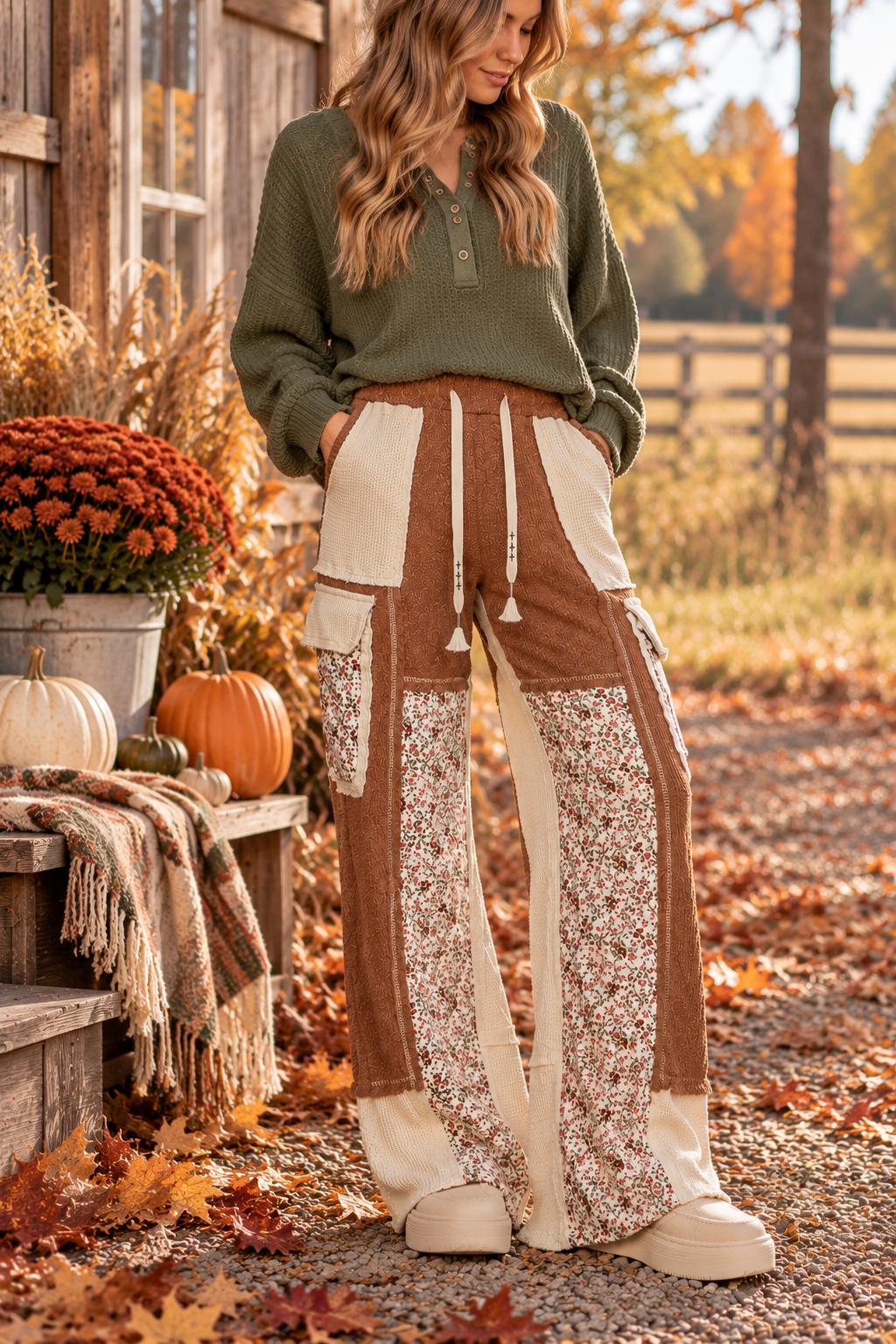 Thermal Quilted Detail Floral Knit Pants | Oat Choco