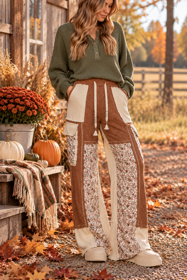 Thermal Quilted Detail Floral Knit Pants | Oat Choco