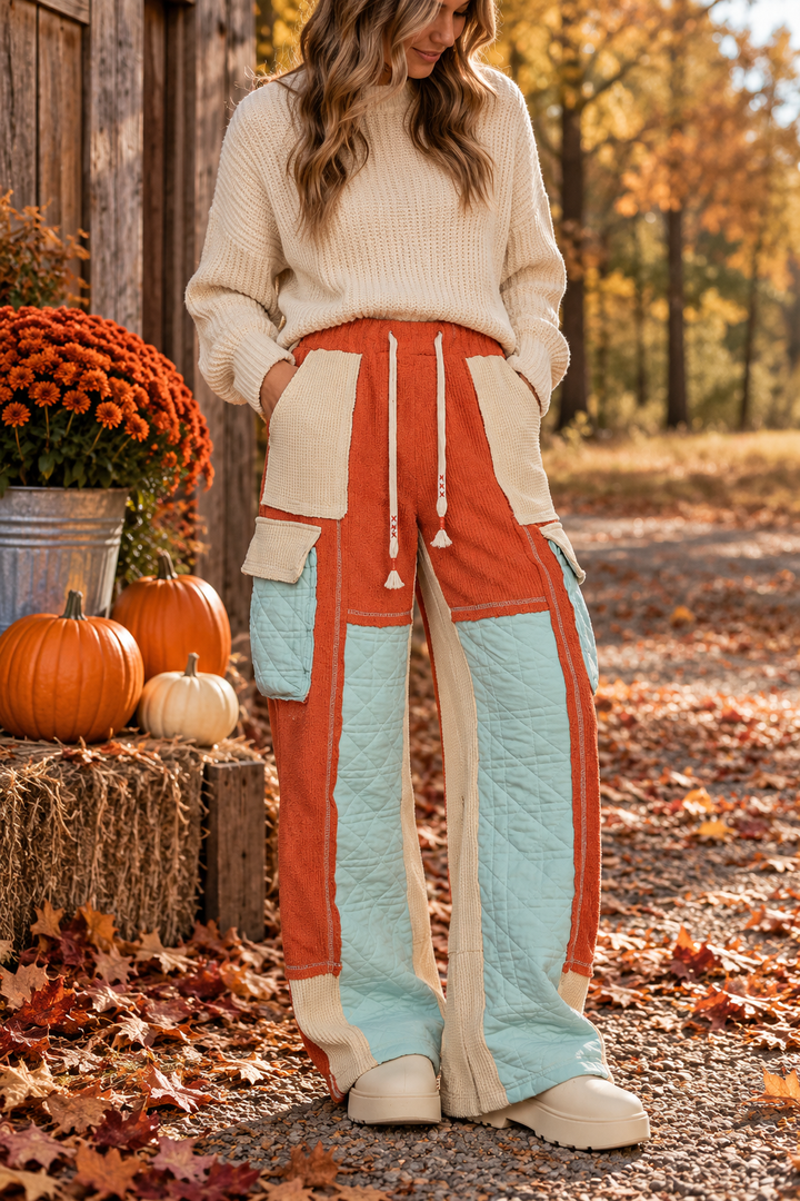 Quilted Contrast Casual Solid Knit Pants | Hot Coral/Mint