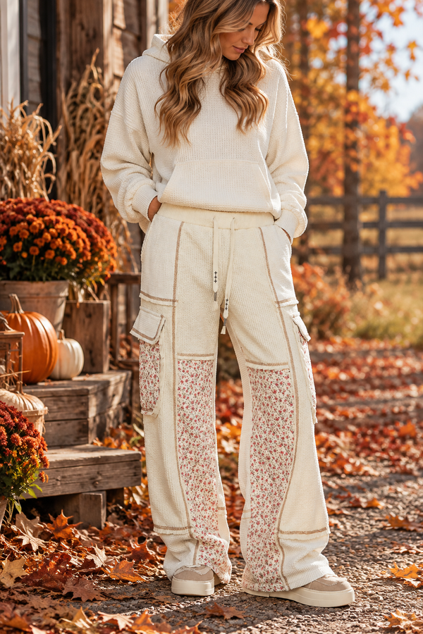 Thermal Quilted Detail Floral Knit Pants | Cream