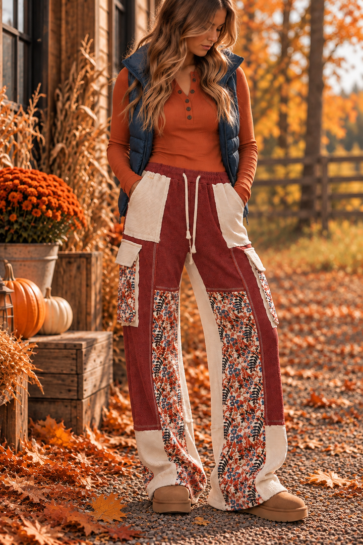 Thermal Quilted Detail Floral Knit Pants | Burgundy