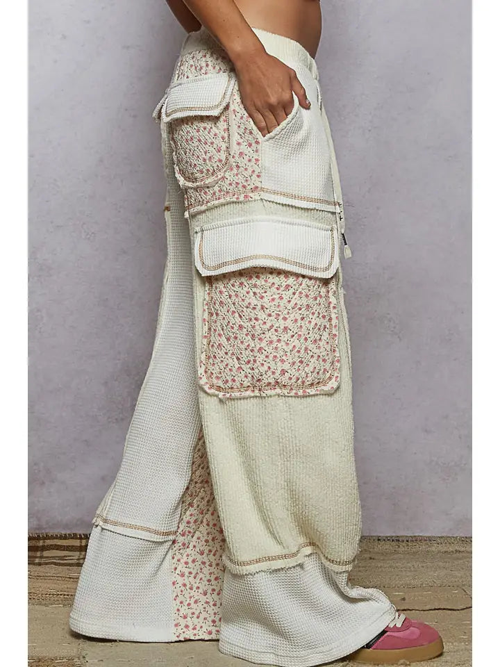 Thermal Quilted Detail Floral Knit Pants | Cream