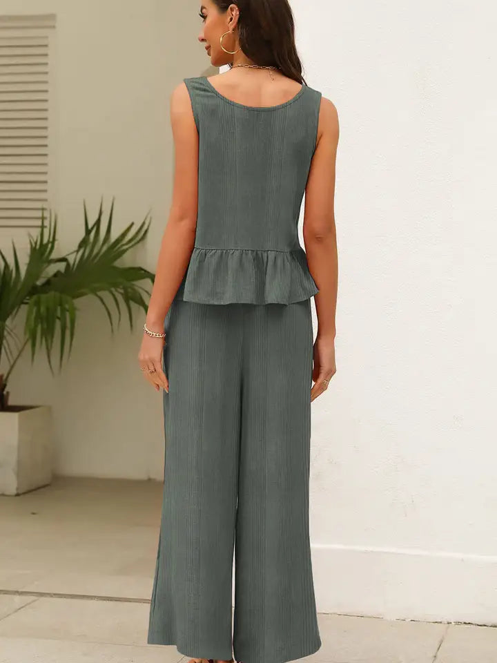 Ribbed Ruffle Tank Top and Pants Set