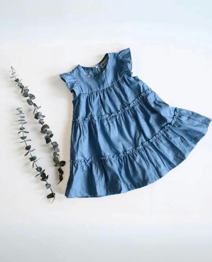 Bailey's Blossoms Georgie Denim-Look Tiered Flutter-Sleeve Dress