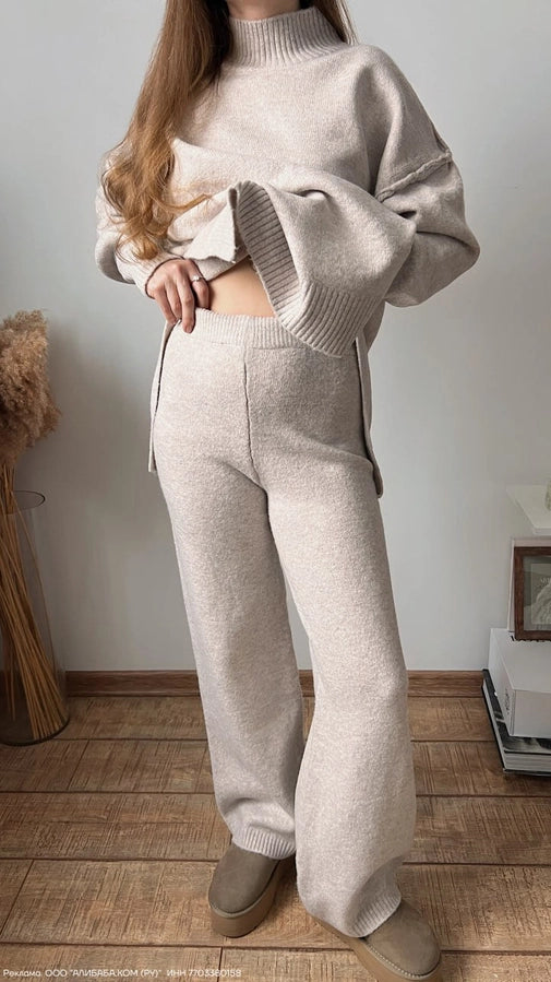 Turtleneck Side Slit Knit Sweater and Wide Leg Pants Set | Light Khaki
