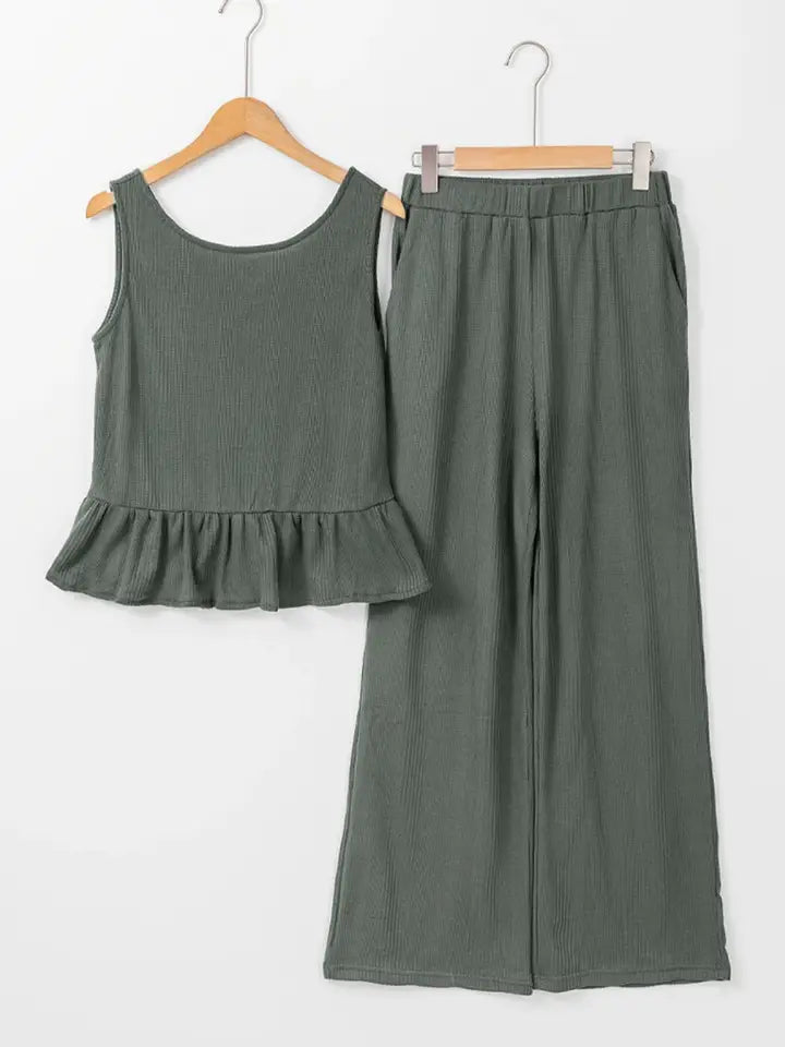 Ribbed Ruffle Tank Top and Pants Set