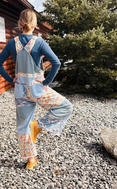 Floral Print Frayed Edge Twill Woven Overalls