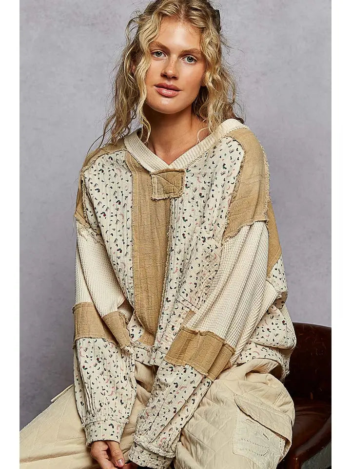 Long Sleeve Printed Double Gauze Woven Contrast Knit Top | Cream Multi