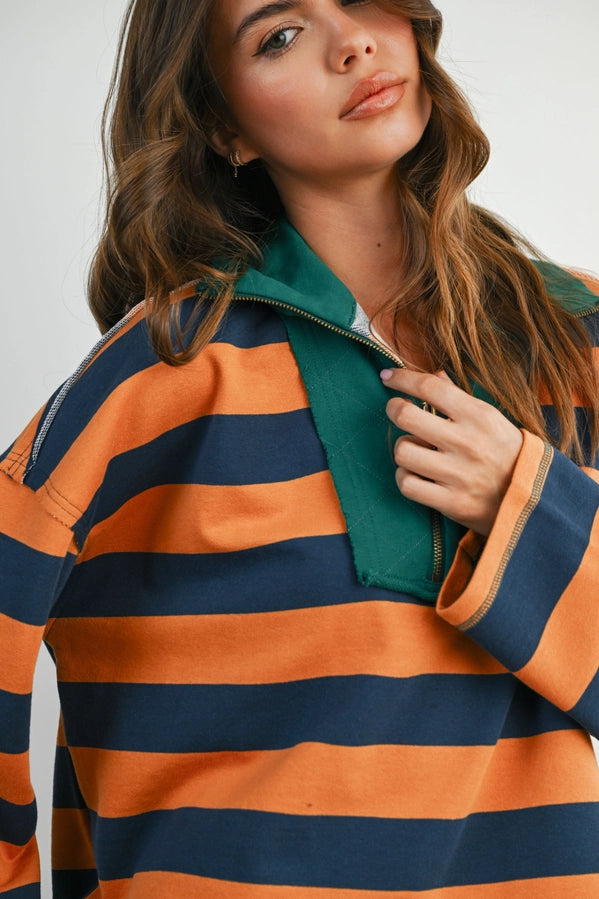 Striped Quarter-Zip Contrast Collar Sweatshirt| Navy/Camel