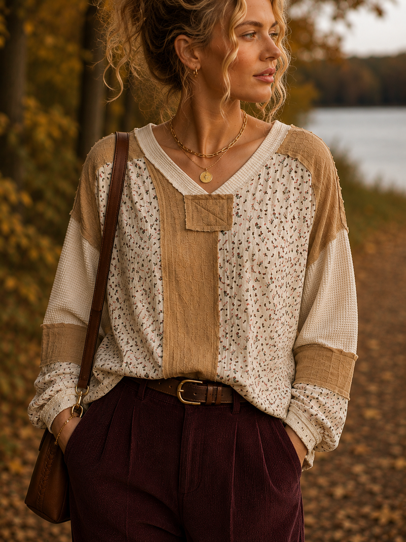 Long Sleeve Printed Double Gauze Woven Contrast Knit Top | Cream Multi
