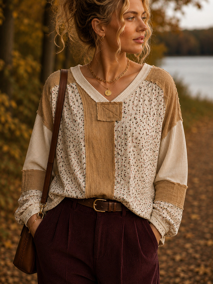 Long Sleeve Printed Double Gauze Woven Contrast Knit Top | Cream Multi