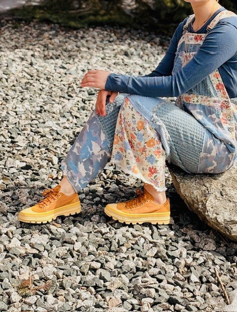 Floral Print Frayed Edge Twill Woven Overalls