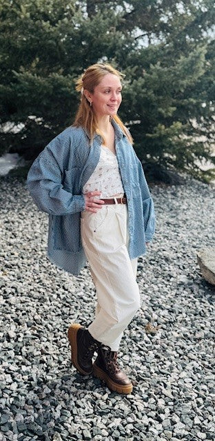 Long Sleeve Stripe Pattern Denim Shirt Top | Stripe Denim