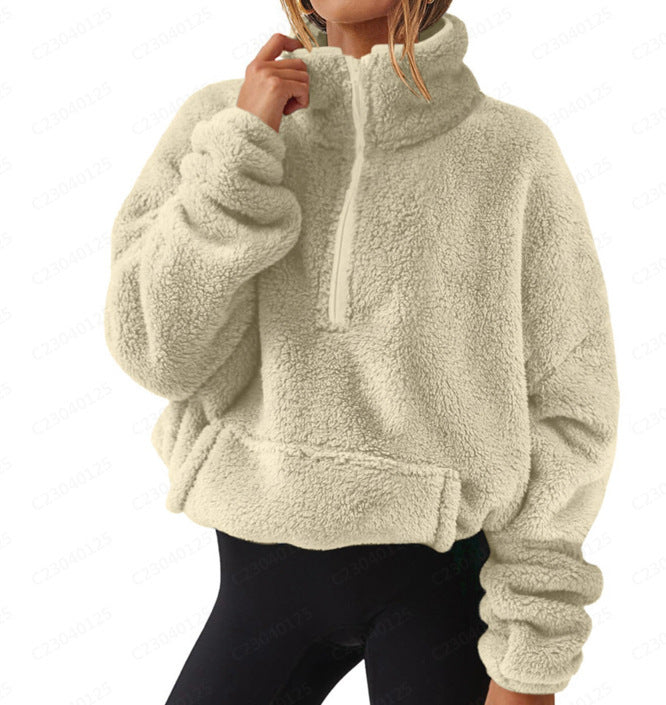 Fuzz and Fleece Half-zip Stand-Up Collar Hoodie | Beige