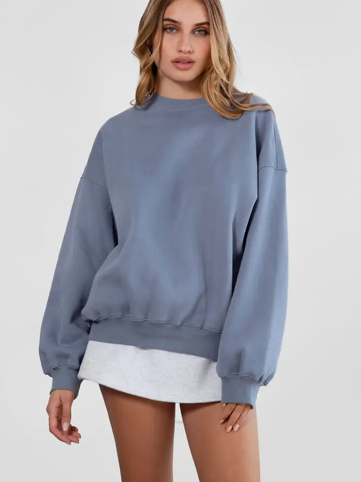 Varsity Plush Fleece Crew Neck Lounge Pullover Sweatshirt | French Blue