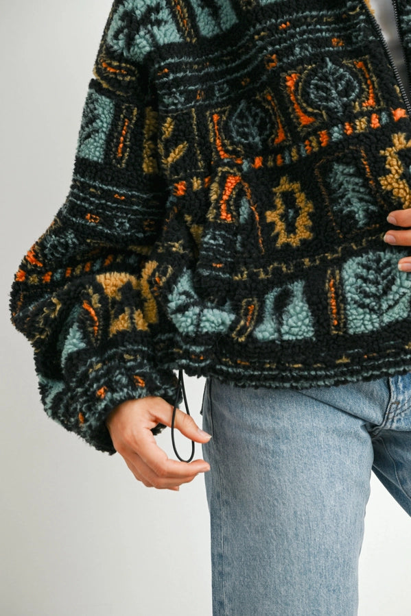 Zip-Up Polar Fleece Mock Neck Long Sleeve Jacket | Black Multi