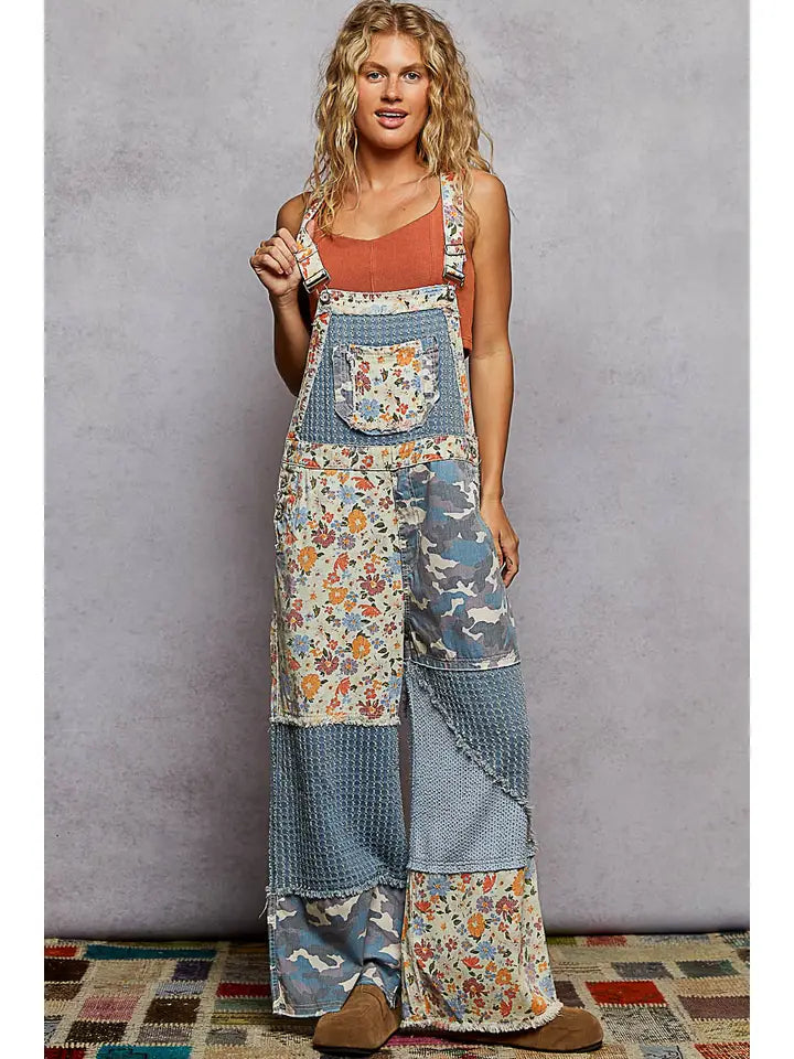 Animal Printed Floral Print Frayed Edge Twill Woven Overalls