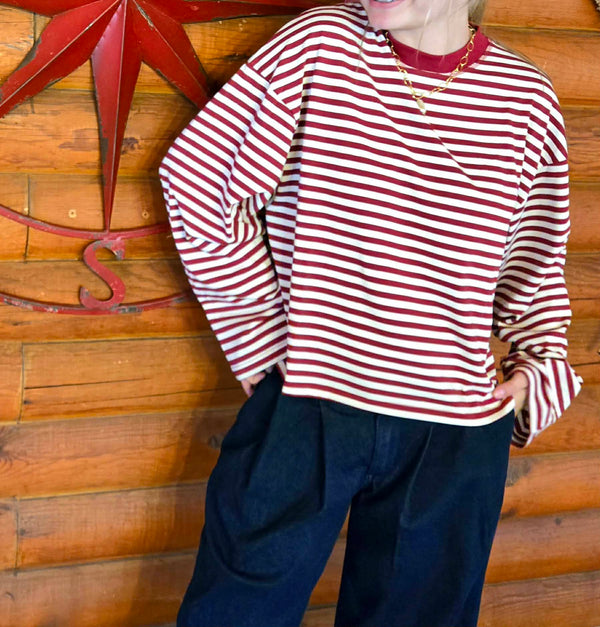 Marlowe Striped Soft Crew Neck Long Sleeve Top | Burgundy