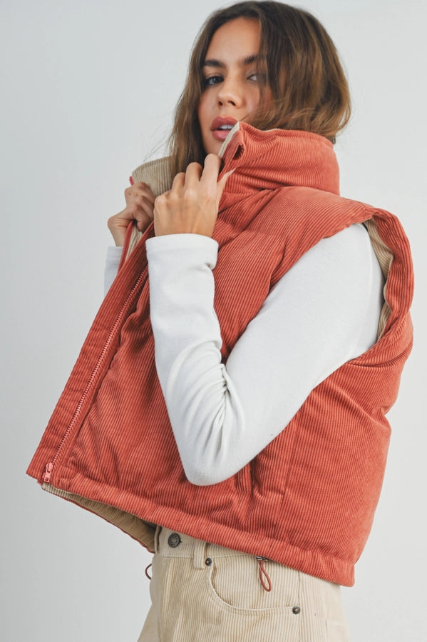 Fall Adoreme Corduroy Puffer Vest | Indian Red/Taupe